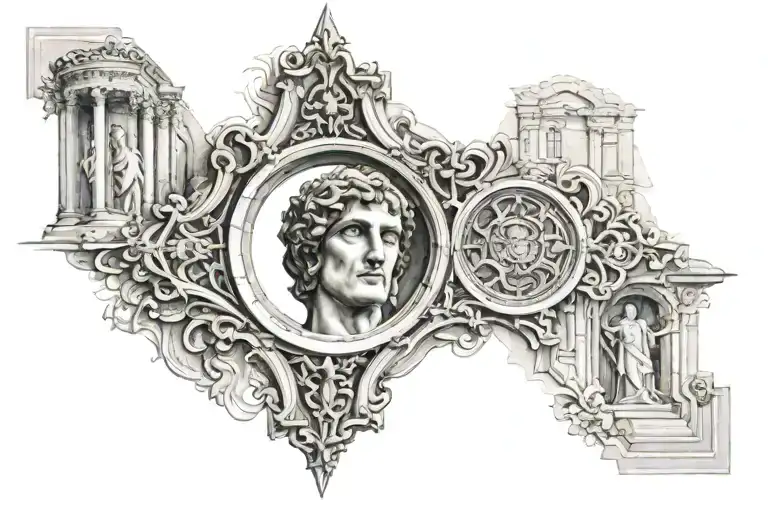 Cathedral Church Detailed Window With A Roman Statue Face In The Centre Of It Morphing