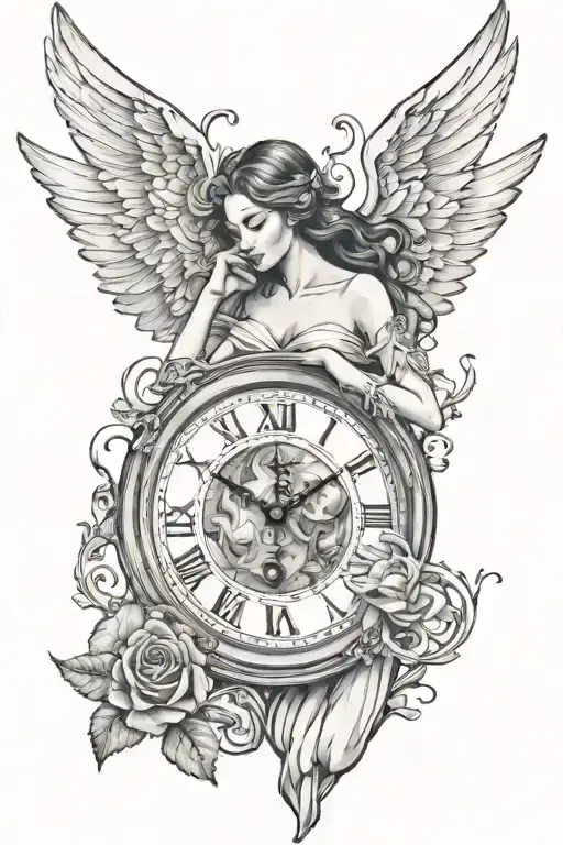 Female Angels And Clock Inside