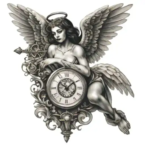Sexy Angel Holding A Clock Surrounded