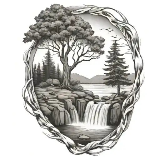 A River With A Tree On One Side And A Campfire On The Other Waterfalls Down The Front