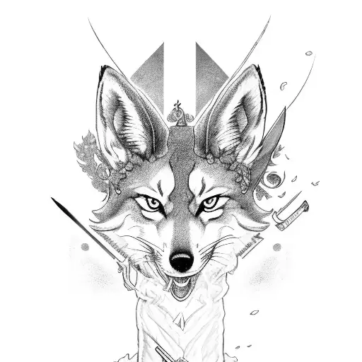 Fine Line Kitsune Curled Around A Sword