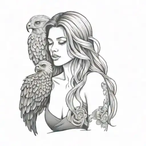 Black And Grey Long Haired Beautiful Woman With Black Roses And A Eagle And Clouds
