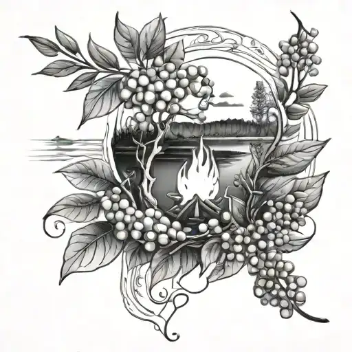 A Rowan Berry Bush And A Campfire By A River