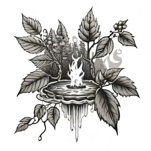 A Rowan Berry Bush And A Campfire By A River Waterfalling Down The Front