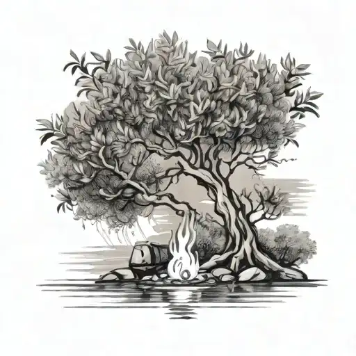 An Olive Tree And A Campfire By A River Waterfalling Down The Front