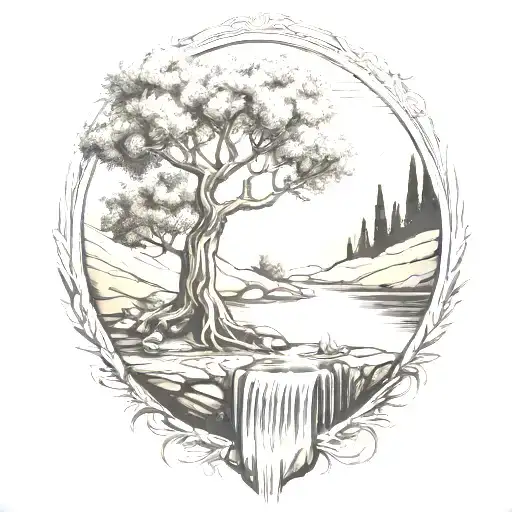 An Olive Tree And A Campfire By A River Waterfalling Down The Front