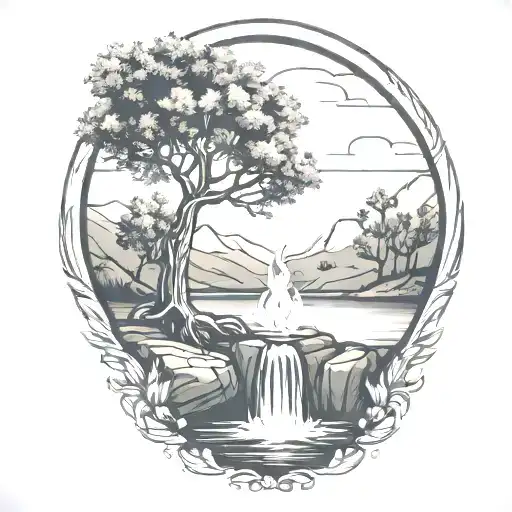 A Campfire And Olive Tree By A River Waterfalling Down The Front