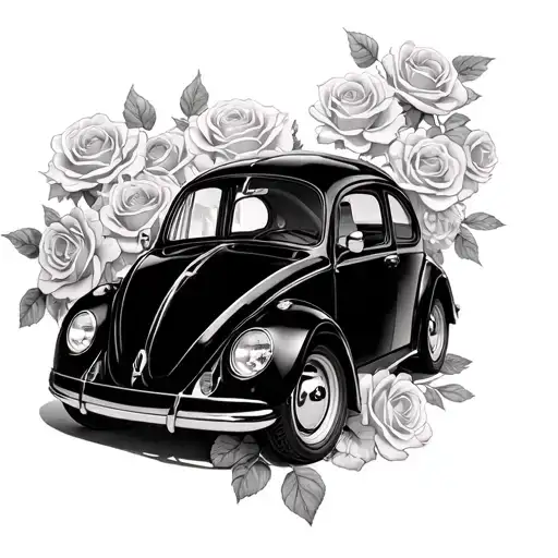 Lots Of Roses Surrounding A Volkwaggen Beetle Car Facing Slightly To The Left