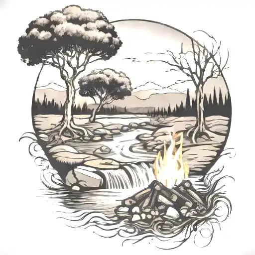 A Campfire And Olive Tree By A River Waterfalling Down The Front
