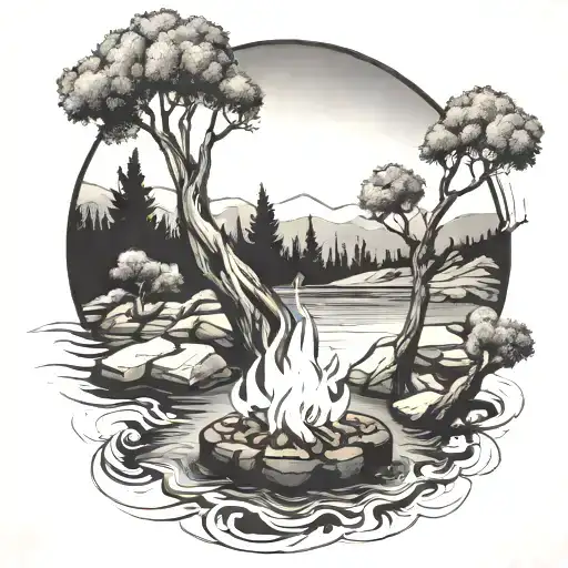 A Campfire And Olive Tree By A River Waterfalling Down The Front