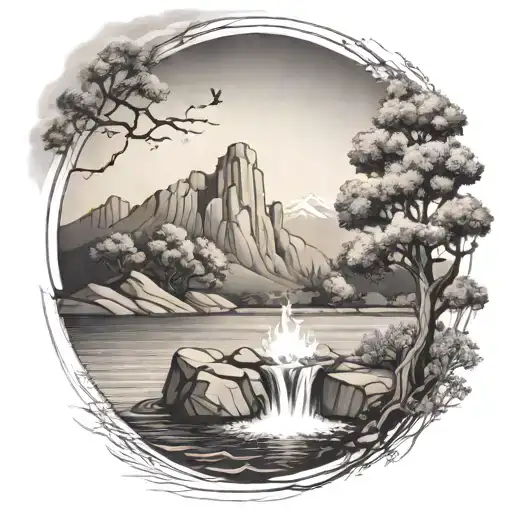 A Campfire And Olive Tree By A River Flowing Through The Middle And Waterfalling Down The Front