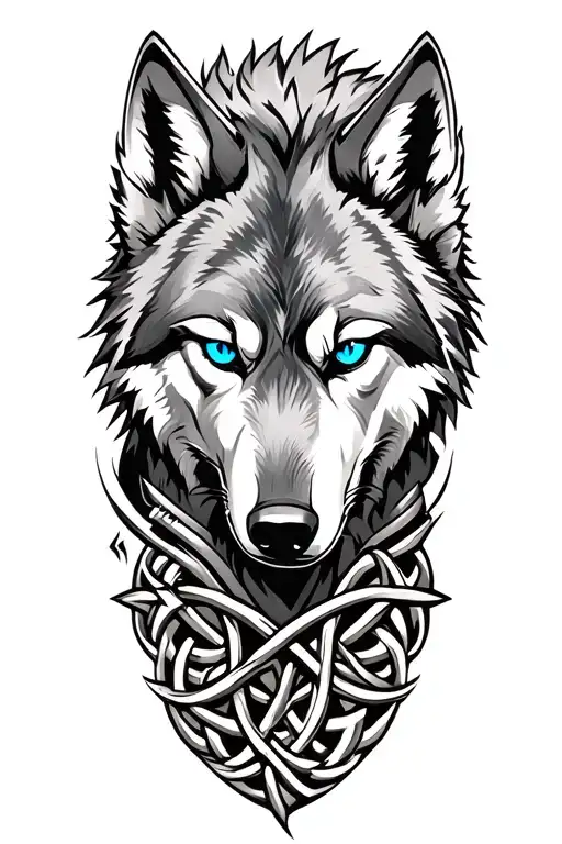 Wolf With Blue Eyes On Armor Tattoo Design Featuring Celtic Trinity Knot