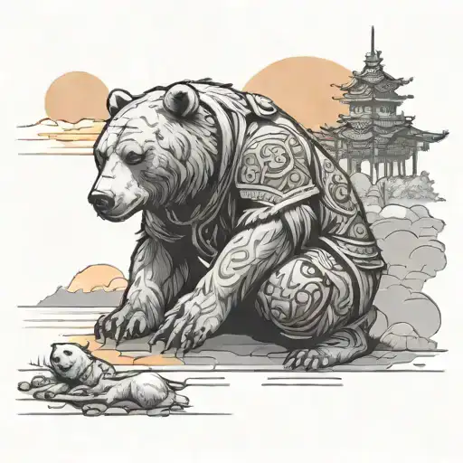 A Half-dead Chinese Warrior Sits Next To A Bear And Looks At The Sunset