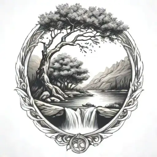 A River With A Campfire On One Side And An Olive Tree On The Other Side Waterfalls Down The Front