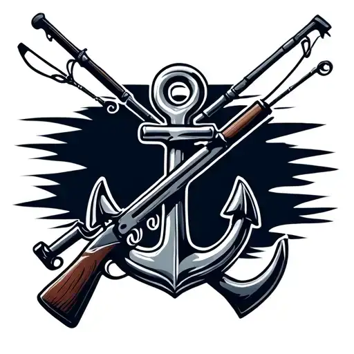 Navy Anchor With A Fishing Rod And A Rifle Crossing Behind The Anchor