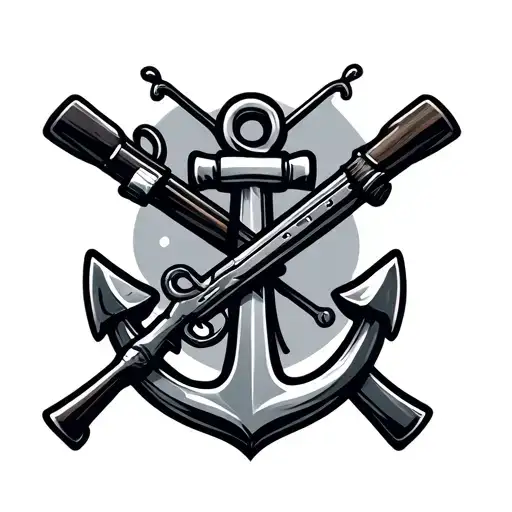 Navy Anchor With A Fishing Rod And A Rifle Crossing Behind The Anchor
