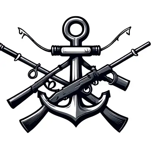 Navy Anchor With A Fishing Rod And A Rifle Crossing Behind The Anchor