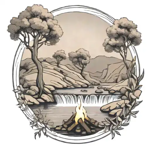 A River With A Campfire On One Side And An Olive Tree On The Other Side Waterfalls Down The Front