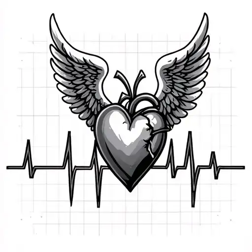 Flat Heart Beat With Angel Wings And Heartbeat With An E
