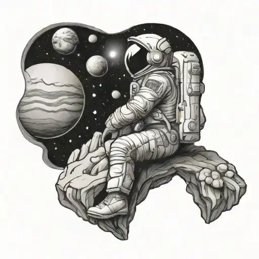 Astronaut Sitting On Cliff Looking Out Over Planets