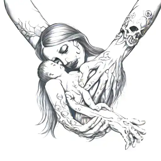 Dead Mother Holding Two Kids Hands