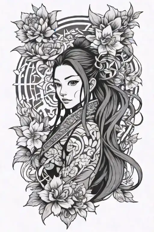 Nezuko Kamado From Demon Slayer Surrounded By Intricate Floral