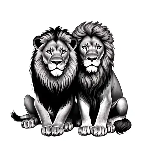 Lion Father And Lion Kid Sitting