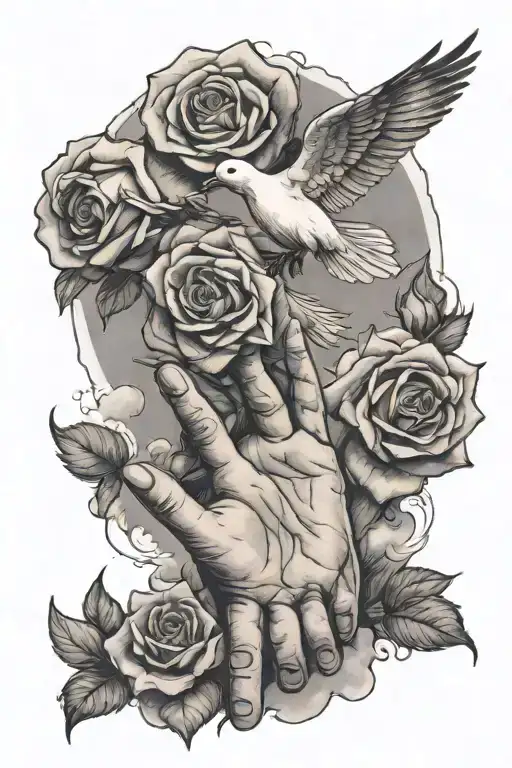 Older Hand Coming From Sky Filled With Clouds And Dove Reaching For Younger Hand With Rose At Bottom
