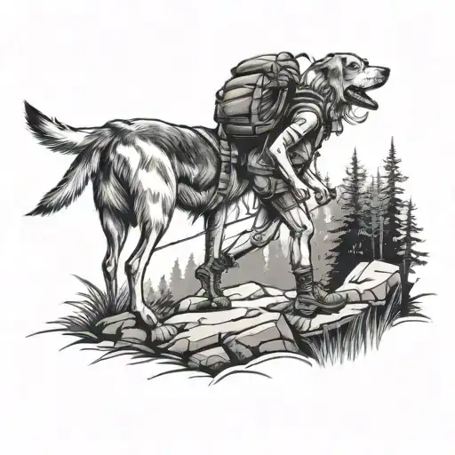 Girl Hiking With Dog In Forest Looking