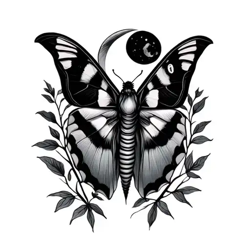 Moth And Moon With Plant Branches