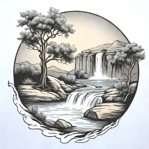 A River With A Campfire On One Side And An Olive Tree On The Other Side Waterfalls Down The Front