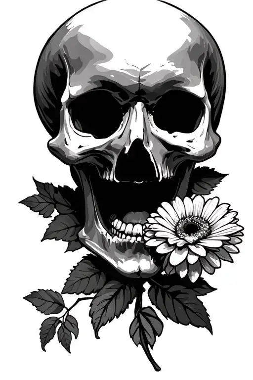 Skull Head Holding Flower In Mouth Open