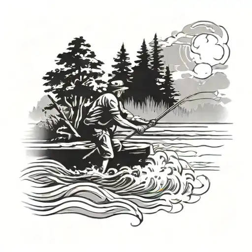 River Flowing Trees In Background And Man Fishing