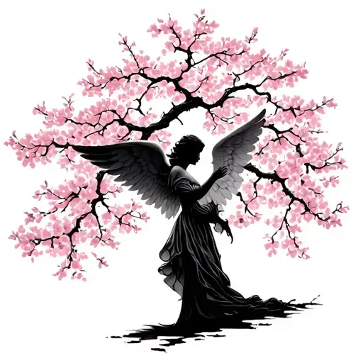 Cherry Blossom Tree Silhouette With A Angel Holding
