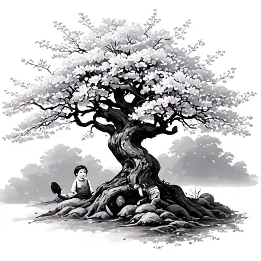 Cherry Blossom Tree With A Small Child Underneath Playing