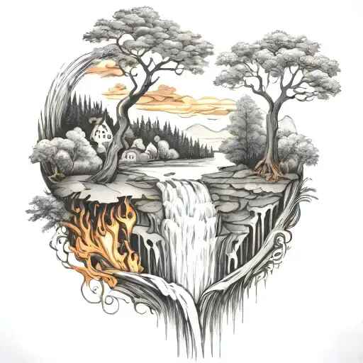 A River With A Fire Beside It Waterfalls Down The Front