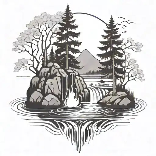 A River With A Campfire Beside It Waterfalls Down The Front