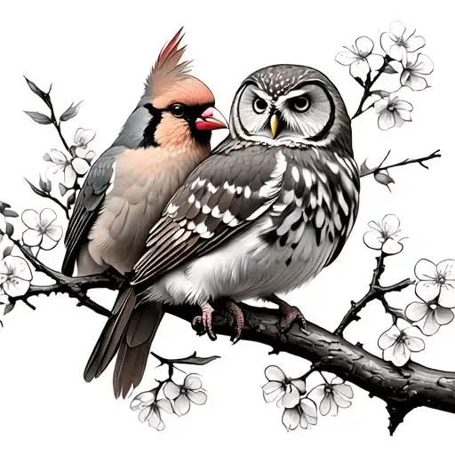 Cardinal With Barred Owl On One Branch Mourning Dove On Another Branch Of Flowering Branches
