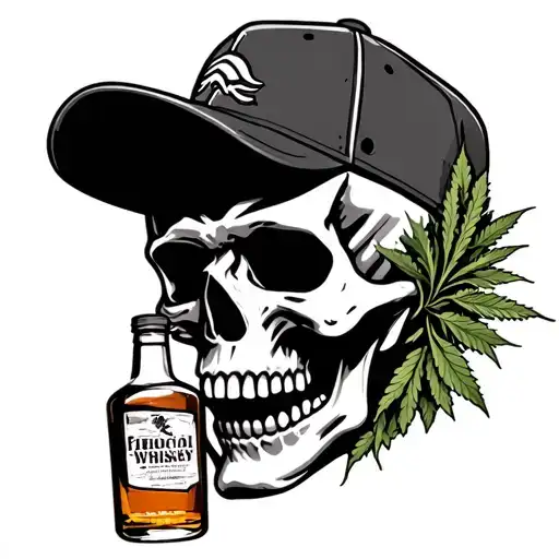 Skull Wearing Broncos Cap With A Weed Bush And Whiskey Bottle