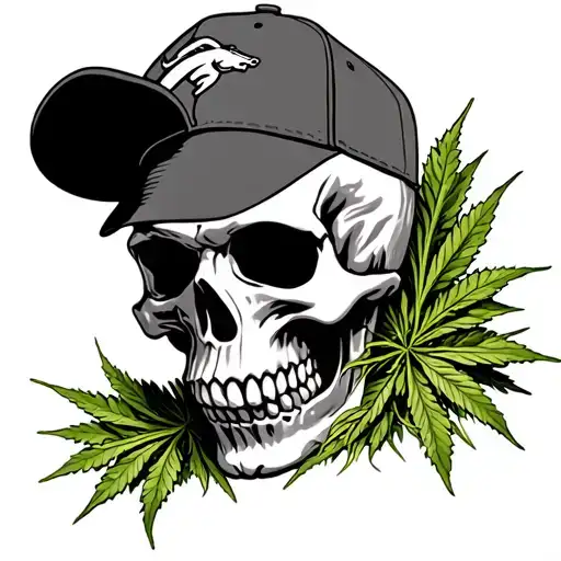 Skull Wearing Broncos Cap With A Weed Bush And Whiskey Bottle