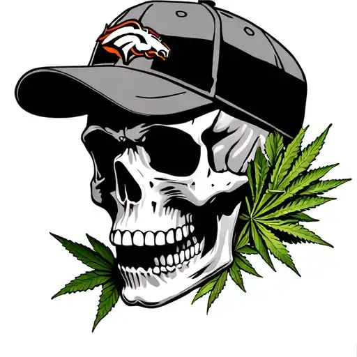 Skull Wearing Broncos Cap With Weed Leaves