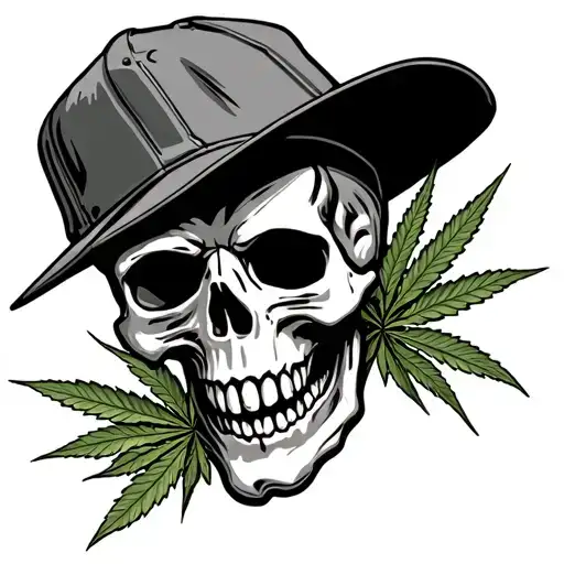 Skull Wearing Broncos Cap With Weed Leaves