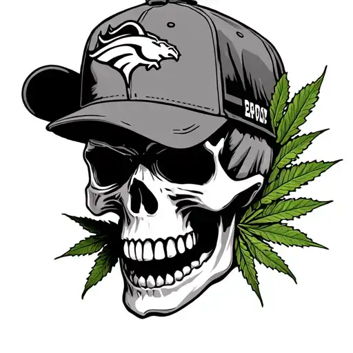 Skull Wearing Broncos Cap With Weed Leaves