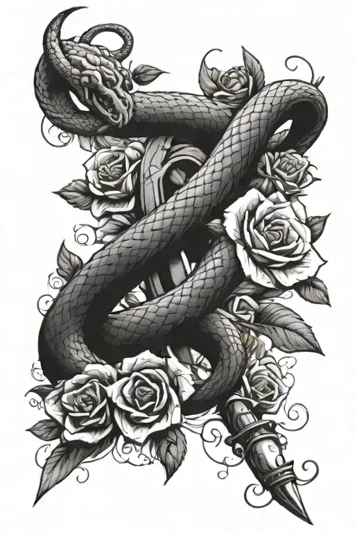 Back Tattoo Of A Snake Wrapped Around A Dagger With Flowers Around It