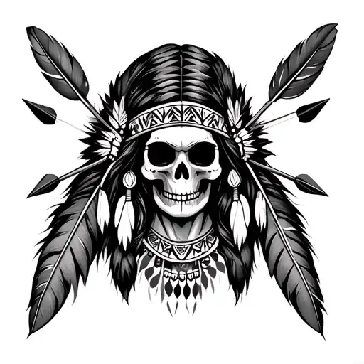 Native American Indian Worrior Women Feathers Skull Arrows