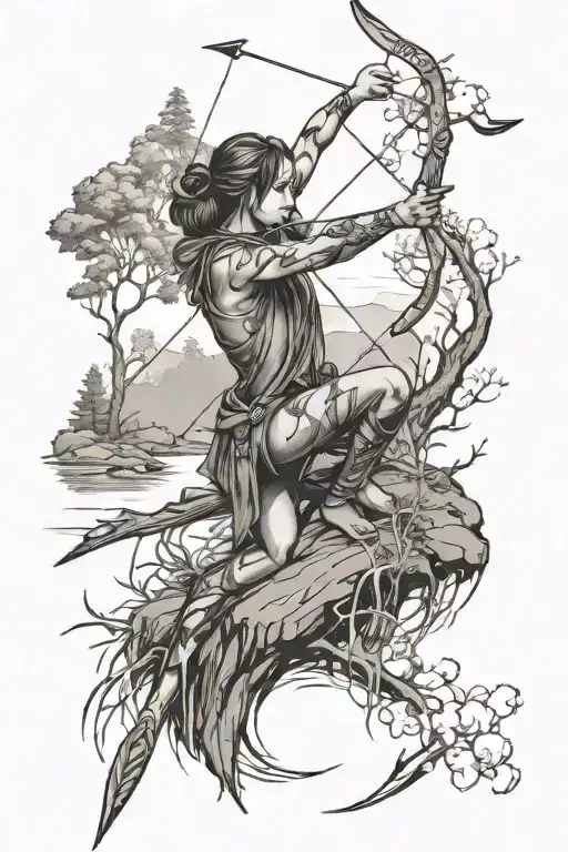 Bow And Arrow Shooting Across A Stream Hitting An Animal With Trees Surrounding