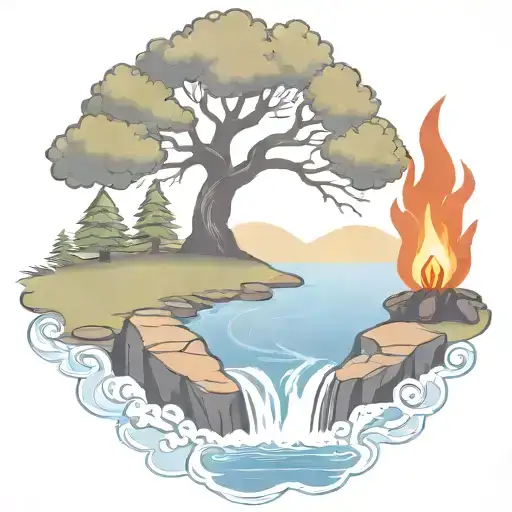 A Rowan Berry Tree And A Campfire Beside A River Waterfalling Down The Front