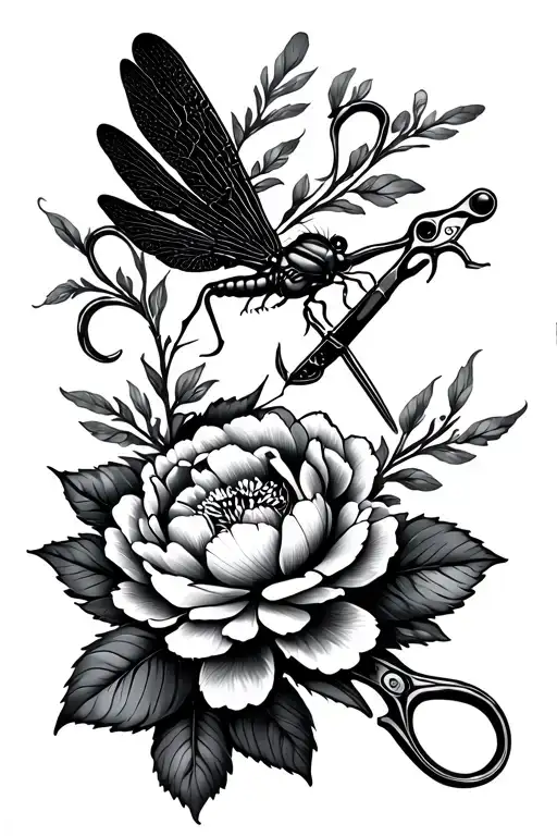 Dragonfly With Peony Flowers And Canine Grooming Scissors