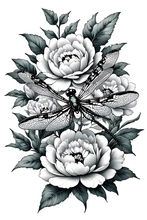 Dragonfly With Peony Flowers