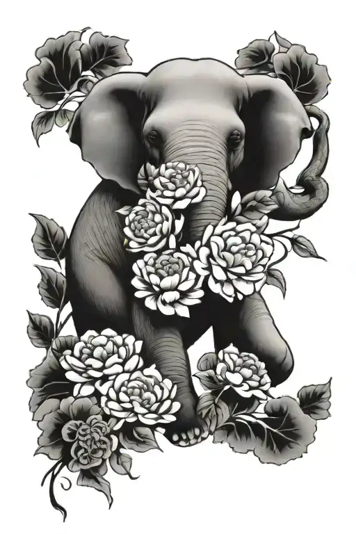Elephant And Peony Flowers